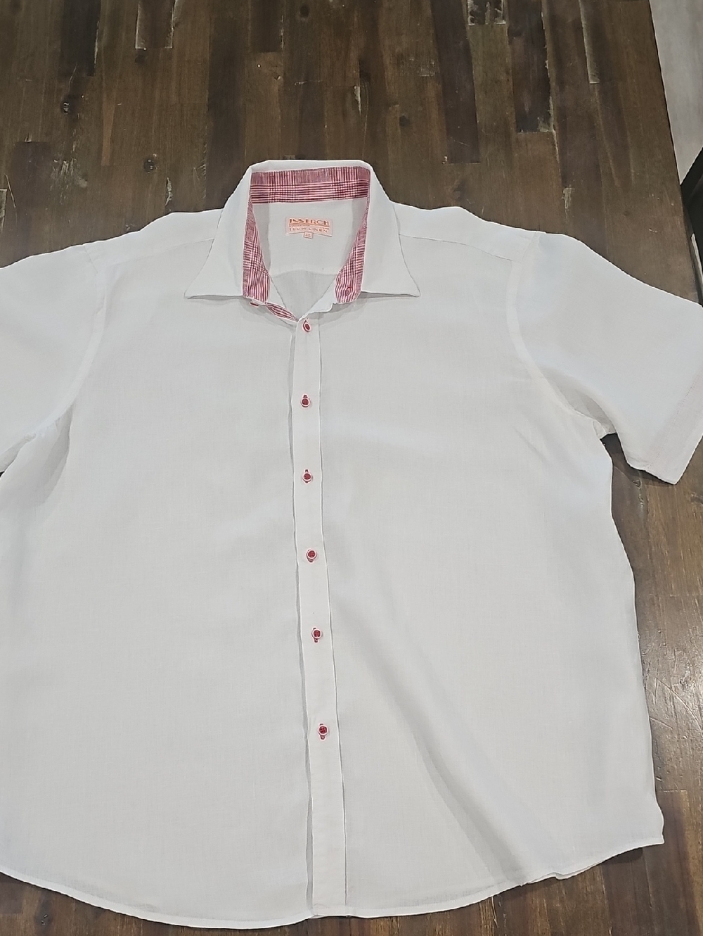 Inserch Men's Linen White Short-Sleeve Button-Down Shirt with Red Contrast